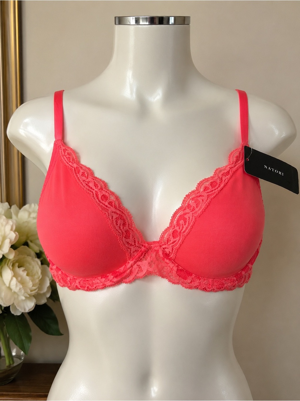 Natori Coral Pink Lace Trim Underwire Bra